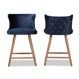 Baxton Studio Sagira Modern and Contemporary Transitional Navy Blue Velvet Fabric Upholstered and Walnut Brown Finished Wood 2-Piece Counter Stool Set