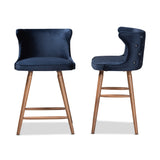 Baxton Studio Sagira Modern and Contemporary Transitional Navy Blue Velvet Fabric Upholstered and Walnut Brown Finished Wood 2-Piece Counter Stool Set