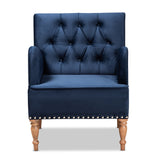Eri Contemporary Glam and Luxe Navy Blue Velvet Upholstered and Walnut Brown Finished Wood Armchair