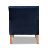 Eri Contemporary Glam and Luxe Navy Blue Velvet Upholstered and Walnut Brown Finished Wood Armchair
