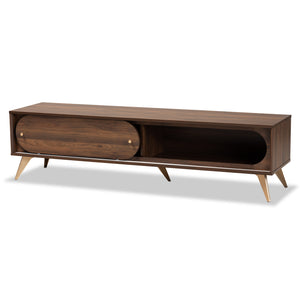 Dena Mid-Century Modern Walnut Brown Wood and Gold Finished TV Stand