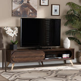 Dena Mid-Century Modern Walnut Brown Wood and Gold Finished TV Stand