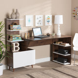 Tobias Mid-Century Modern Two-Tone White and Walnut Brown Finished Wood Storage Computer Desk with Shelves