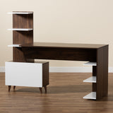Tobias Mid-Century Modern Two-Tone White and Walnut Brown Finished Wood Storage Computer Desk with Shelves