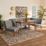 Baxton Studio Stewart Mid-Century Modern Grey Velvet Upholstered and Walnut Brown Finished Wood 4-Piece Dining Nook Set