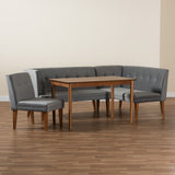 Baxton Studio Stewart Mid-Century Modern Grey Velvet Upholstered and Walnut Brown Finished Wood 4-Piece Dining Nook Set