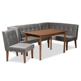 Baxton Studio Stewart Mid-Century Modern Grey Velvet Upholstered and Walnut Brown Finished Wood 4-Piece Dining Nook Set