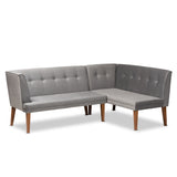 Baxton Studio Stewart Mid-Century Modern Grey Velvet Upholstered and Walnut Brown Finished Wood 2-Piece Dining Nook Banquette Set