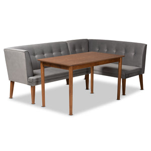 Baxton Studio Stewart Mid-Century Modern Grey Velvet Upholstered and Walnut Brown Finished Wood 3-Piece Dining Nook Set