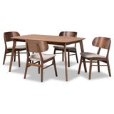 Alston Mid-Century Modern Fabric Upholstered and Walnut Brown Finished Wood 5-Piece Dining Set