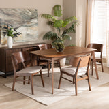 Alston Mid-Century Modern Fabric Upholstered and Walnut Brown Finished Wood 5-Piece Dining Set