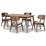 Alston Mid-Century Modern Fabric Upholstered and Walnut Brown Finished Wood 5-Piece Dining Set