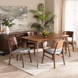 Alston Mid-Century Modern Fabric Upholstered and Walnut Brown Finished Wood 5-Piece Dining Set