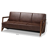 Christa Mid-Century Modern Transitional Dark Brown Faux Leather Effect Fabric Upholstered and Walnut Brown Finished Wood Sofa