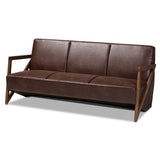 Christa Mid-Century Modern Transitional Dark Brown Faux Leather Effect Fabric Upholstered and Walnut Brown Finished Wood Sofa