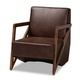 Christa Mid-Century Modern Transitional Dark Brown Faux Leather Effect Fabric Upholstered and Walnut Brown Finished Wood Accent Chair