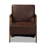 Christa Mid-Century Modern Transitional Dark Brown Faux Leather Effect Fabric Upholstered and Walnut Brown Finished Wood Accent Chair