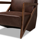 Christa Mid-Century Modern Transitional Dark Brown Faux Leather Effect Fabric Upholstered and Walnut Brown Finished Wood Accent Chair