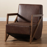 Christa Mid-Century Modern Transitional Dark Brown Faux Leather Effect Fabric Upholstered and Walnut Brown Finished Wood Accent Chair