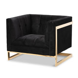 Ambra Glam and Luxe Black Velvet Fabric Upholstered and Button Tufted Armchair with Gold-Tone Frame