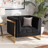 Baxton Studio Ambra Glam and Luxe Black Velvet Fabric Upholstered and Button Tufted Armchair with Gold-Tone Frame
