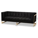 Ambra Glam and Luxe Black Velvet Upholstered and Button Tufted Sofa with Gold-Tone Frame