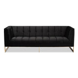 Ambra Glam and Luxe Black Velvet Upholstered and Button Tufted Sofa with Gold-Tone Frame