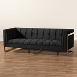 Ambra Glam and Luxe Black Velvet Upholstered and Button Tufted Sofa with Gold-Tone Frame