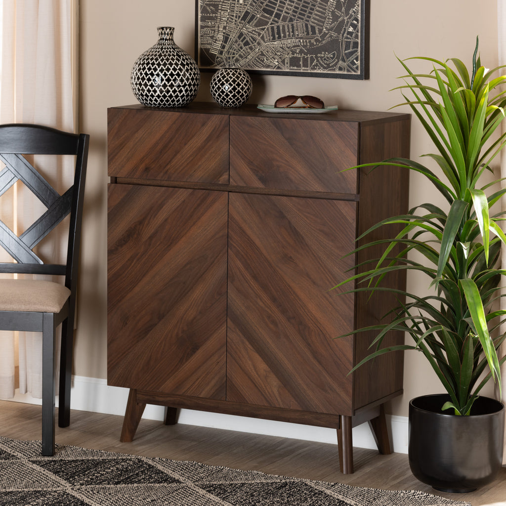 Baxton Studio Hartman Mid-Century Modern Walnut Brown Finished Wood Shoe Cabinet