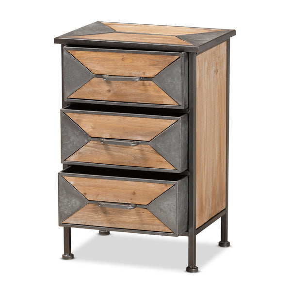 Baxton Studio Laurel Rustic Industrial Antique Grey Finished Metal and Whitewashed Oak Brown Finished Wood 3-Drawer Nightstand