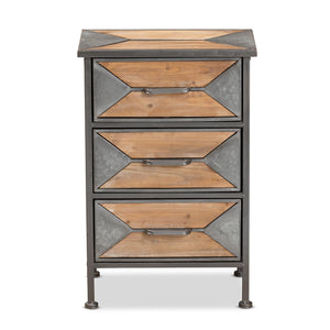 Baxton Studio Laurel Rustic Industrial Antique Grey Finished Metal and Whitewashed Oak Brown Finished Wood 3-Drawer Nightstand