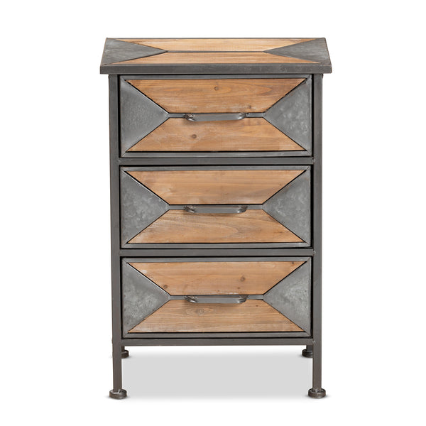 Baxton Studio Laurel Rustic Industrial Antique Grey Finished Metal and Whitewashed Oak Brown Finished Wood 3-Drawer Nightstand