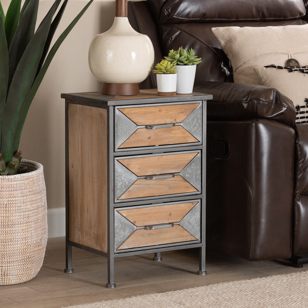 Baxton Studio Laurel Rustic Industrial Antique Grey Finished Metal and Whitewashed Oak Brown Finished Wood 3-Drawer Nightstand