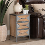 Baxton Studio Laurel Rustic Industrial Antique Grey Finished Metal and Whitewashed Oak Brown Finished Wood 3-Drawer Nightstand