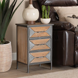 Baxton Studio Laurel Rustic Industrial Antique Grey Finished Metal and Whitewashed Oak Brown Finished Wood 3-Drawer Nightstand
