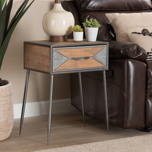 Baxton Studio Laurel Rustic Industrial Antique Grey Finished Metal and Whitewashed Oak Brown Finished Wood 1-Drawer Nightstand