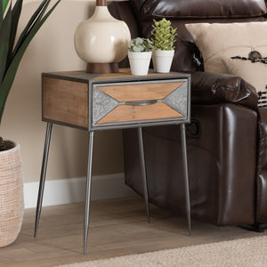Baxton Studio Laurel Rustic Industrial Antique Grey Finished Metal and Whitewashed Oak Brown Finished Wood 1-Drawer Nightstand