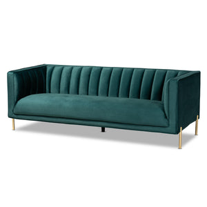 Maia Contemporary Glam and Luxe Velvet Fabric Upholstered and Gold Finished Metal Sofa