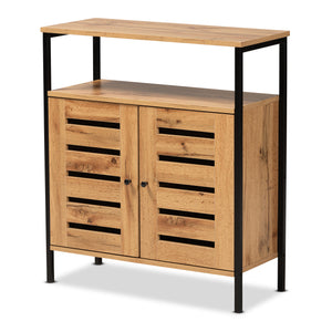 Vander Modern and Contemporary Oak Brown Finished Wood and Black Metal 2-Door Shoe Cabinet