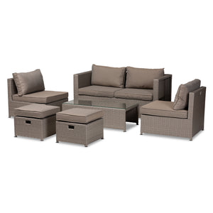 Baxton Studio Haina Modern and Contemporary Grey Fabric Upholstered and Grey Finished Synthetic Rattan 6-Piece Patio Set