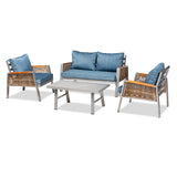 Nicholson Modern and Contemporary Blue Fabric Upholstered and Grey Finished Metal with Brown Finished PE Rattan 4-Piece Outdoor Patio Lounge Set