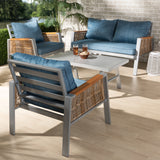 Nicholson Modern and Contemporary Blue Fabric Upholstered and Grey Finished Metal with Brown Finished PE Rattan 4-Piece Outdoor Patio Lounge Set