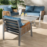 Nicholson Modern and Contemporary Blue Fabric Upholstered and Grey Finished Metal with Brown Finished PE Rattan 4-Piece Outdoor Patio Lounge Set