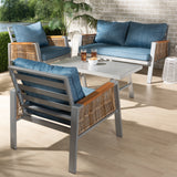 Nicholson Modern and Contemporary Blue Fabric Upholstered and Grey Finished Metal with Brown Finished PE Rattan 4-Piece Outdoor Patio Lounge Set