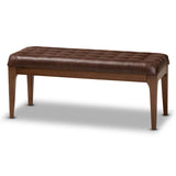 Walsh Mid-Century Modern Dark Brown Faux Leather Upholstered and Walnut Brown Finished Wood Dining Bench