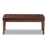 Walsh Mid-Century Modern Dark Brown Faux Leather Upholstered and Walnut Brown Finished Wood Dining Bench