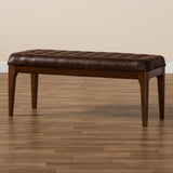 Walsh Mid-Century Modern Dark Brown Faux Leather Upholstered and Walnut Brown Finished Wood Dining Bench