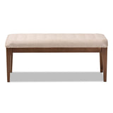 Walsh Mid-Century Modern Beige Fabric Upholstered and Walnut Brown Finished Wood Dining Bench