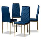 Blaise Modern Luxe and Glam Navy Blue Velvet Fabric Upholstered and Gold Finished Metal 4-Piece Dining Chair Set