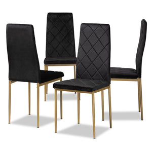 Blaise Modern Luxe and Glam Black Velvet Fabric Upholstered and Gold Finished Metal 4-Piece Dining Chair Set